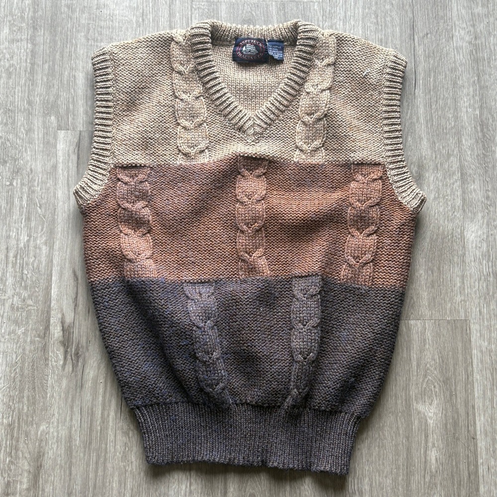 Aspen Trading Co. Sweater Vest Mens L Cable Knit V Neck Color Block Tan Brown